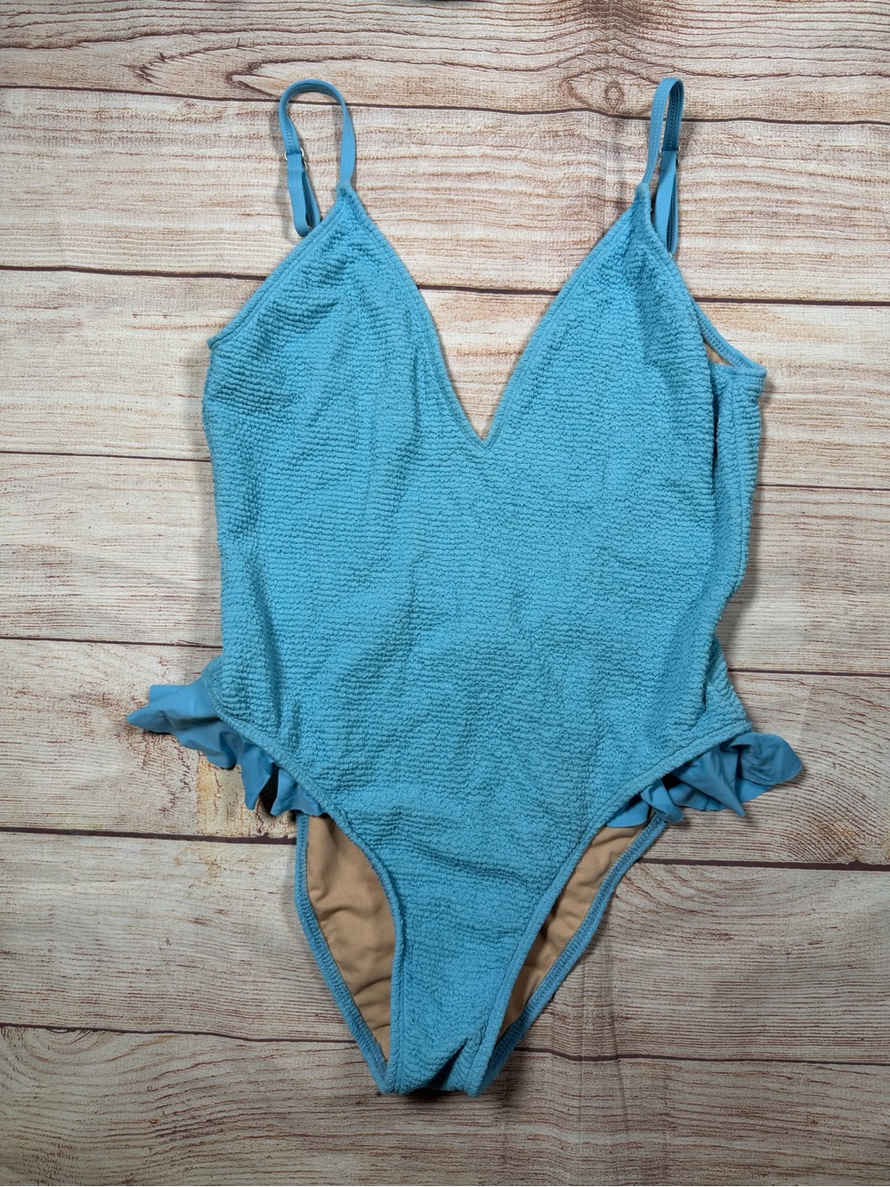 Leith Powder Blue Textured‎ Hip Ruffle One-Piece Swimsuit